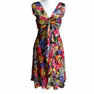 Donna Ricco sleeveless silk floral on black V-neck cocktail dress size 10